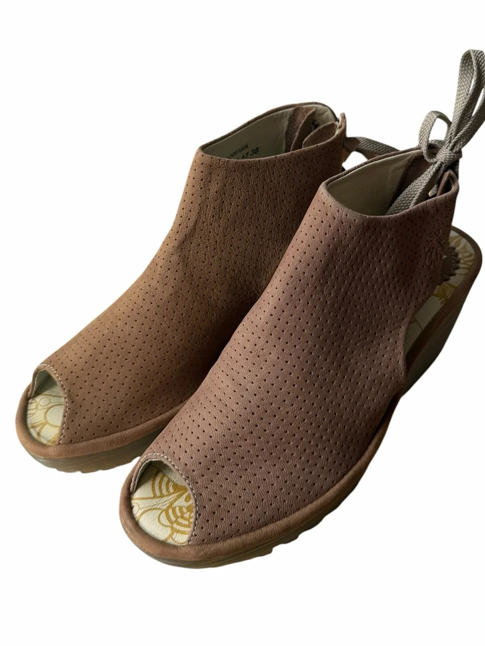 Fly London Tan Brown Perforated Wedge Sandals